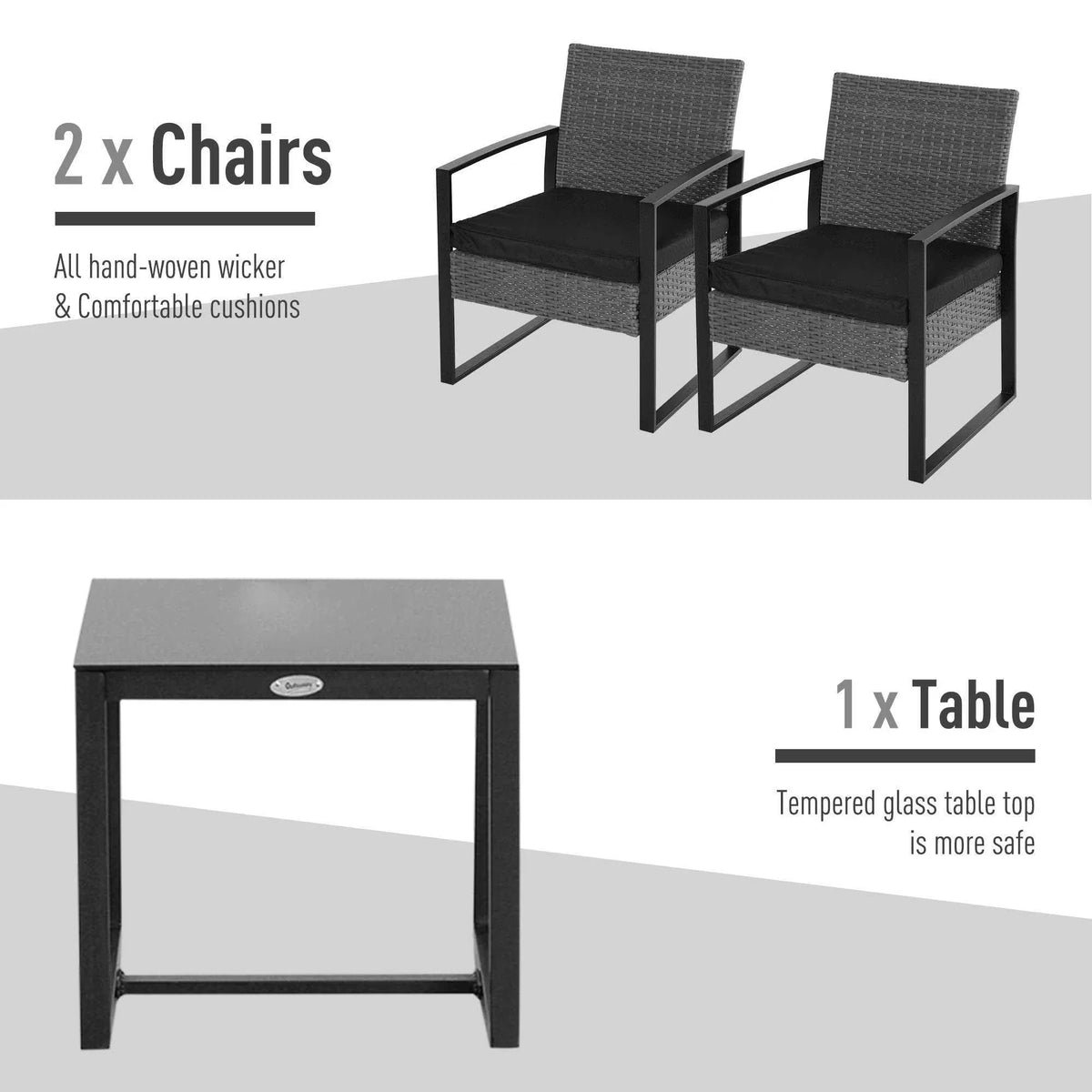 Grey rattan outdoor bistro set layout: two chairs and a tempered glass tabletop table