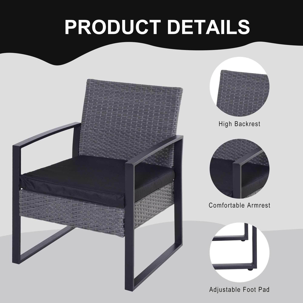 Grey rattan armchair with high back, cushioned seat, armrests, and adjustable foot pad