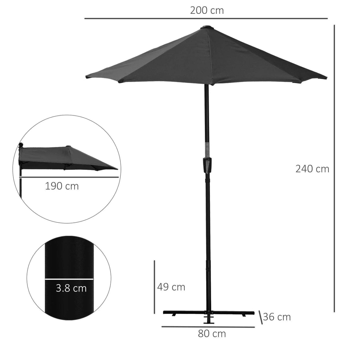 Black half parasol with open canopy and center pole, shown with size measurements