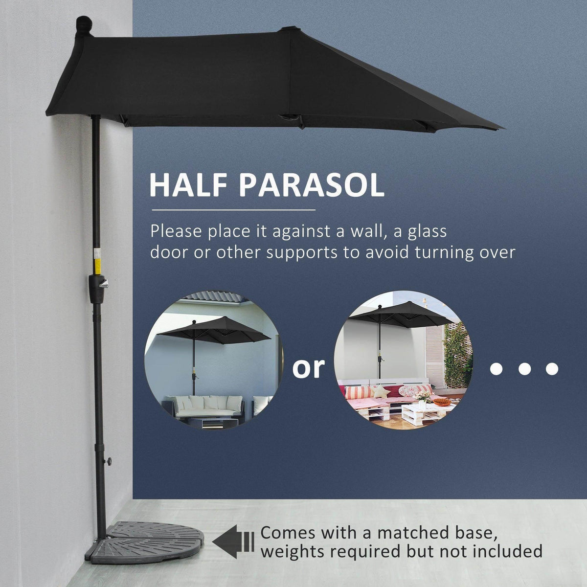 Black half parasol beside a wall with open canopy and standing support pole