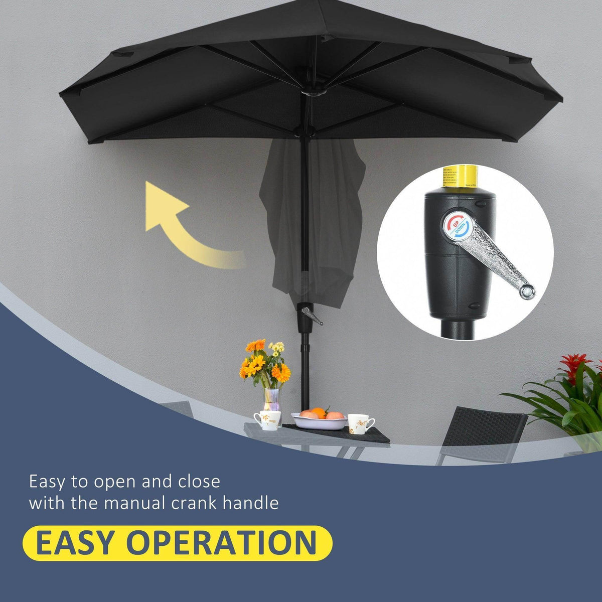 Black half parasol with manual crank handle and pulley mechanism for opening