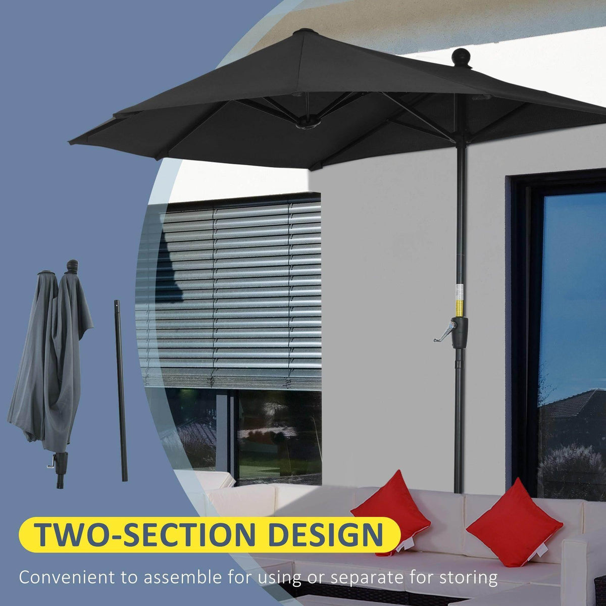 Black half parasol with open canopy and two-section design for easy storage