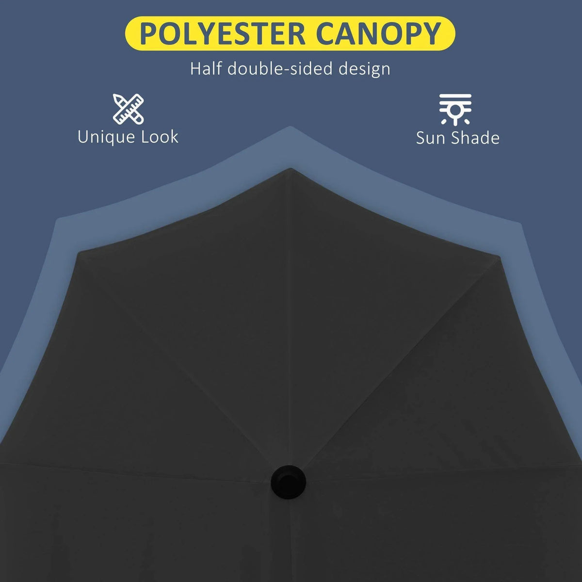Black half parasol canopy made of polyester fabric with geometric seam lines