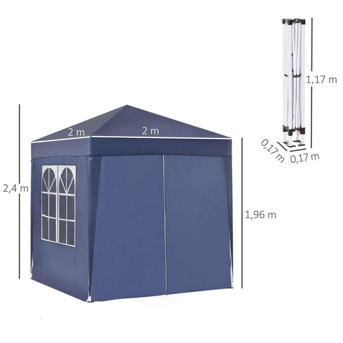 Blue 2m x 2m pop-up gazebo with side panels and window, compact folded size shown