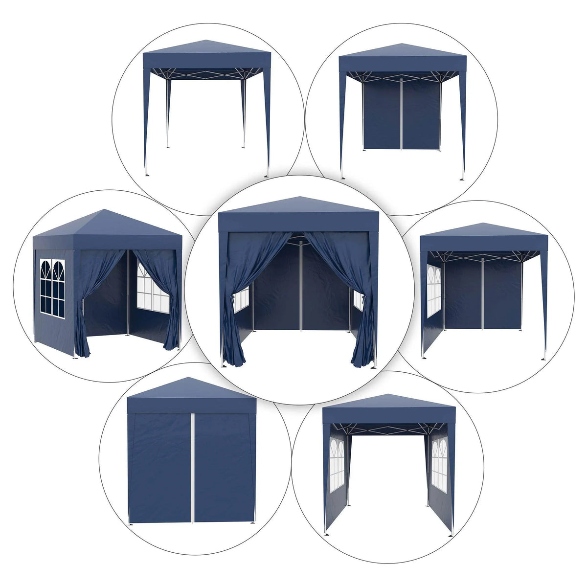 Navy blue pop-up gazebo with side panels and window designs for outdoor use