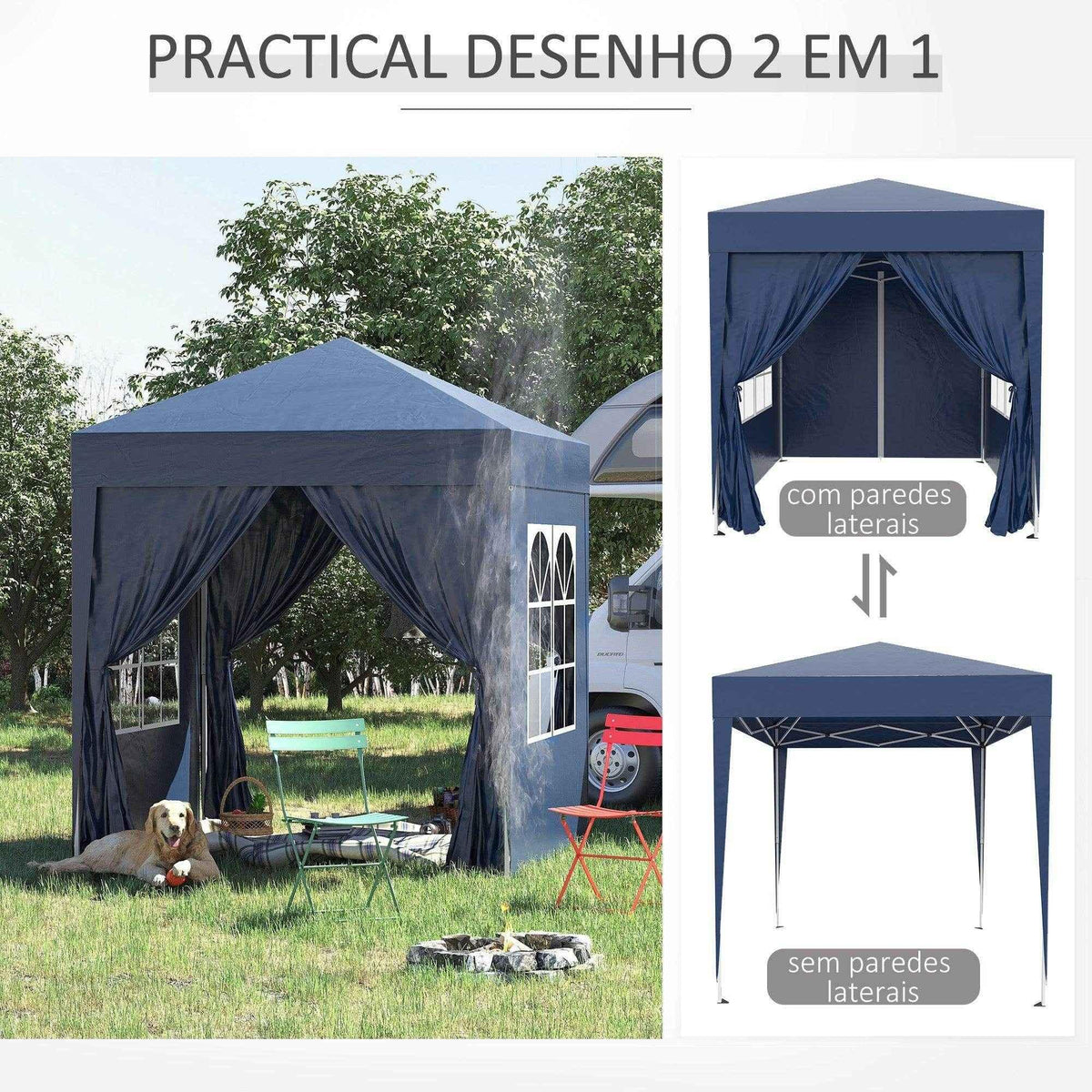 Blue 2-in-1 pop-up gazebo with side walls for garden, patio, or camping use, shown with and without walls.