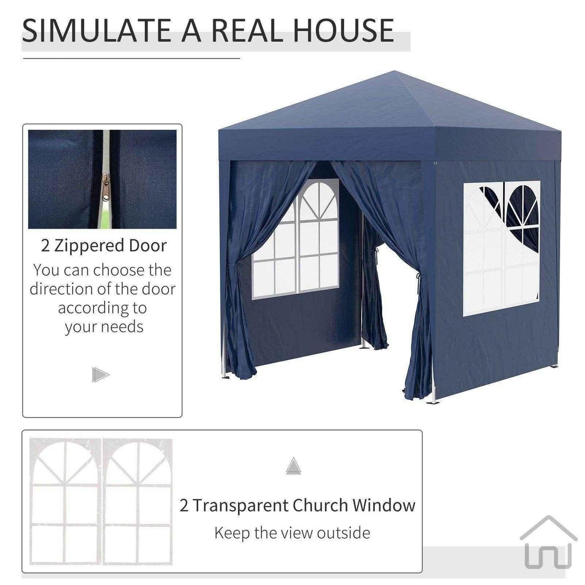 Navy blue pop-up gazebo with zippered doors and transparent church-style windows for outdoor use