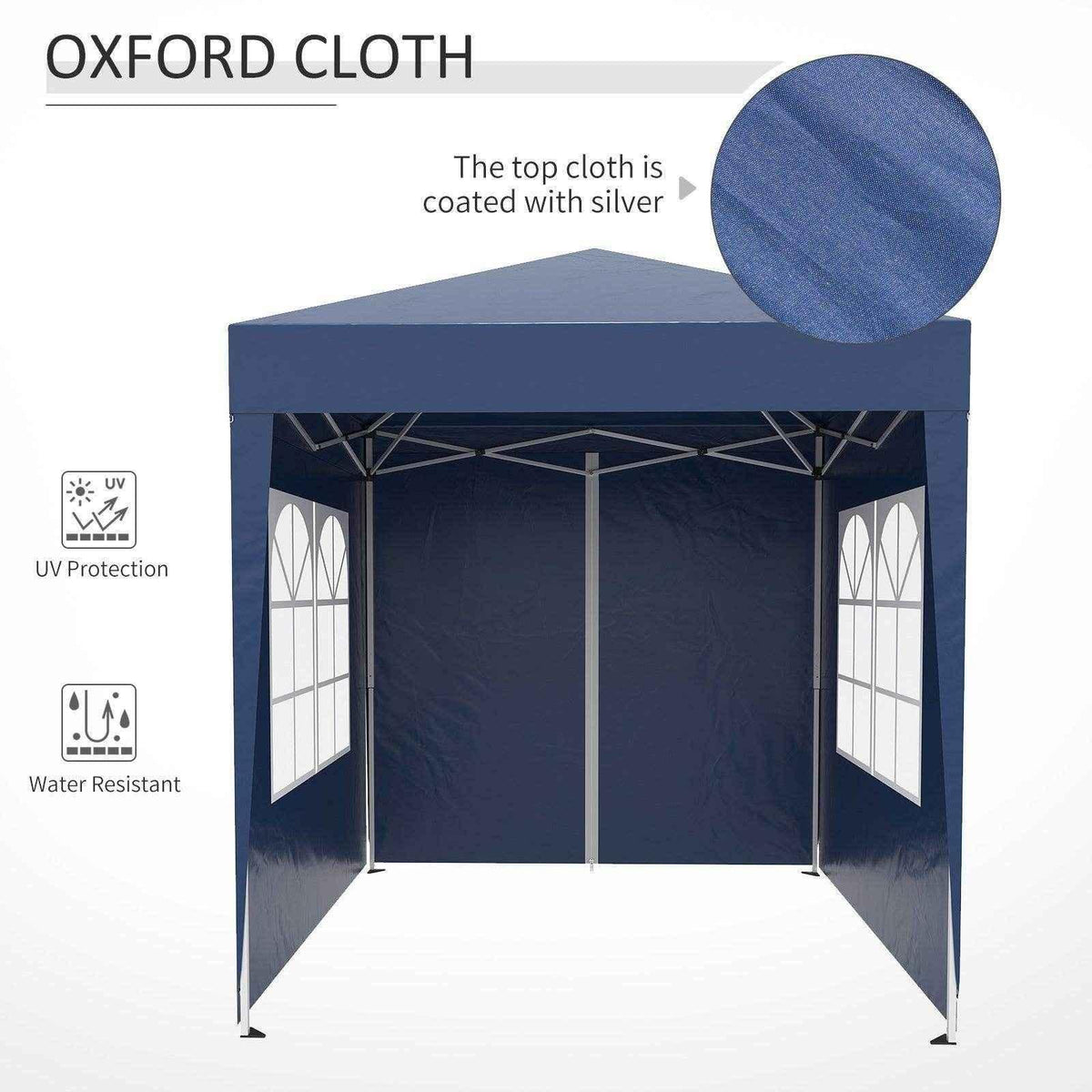 Blue pop-up gazebo with Oxford cloth, UV protection, water-resistant, silver-coated roof, and window panels