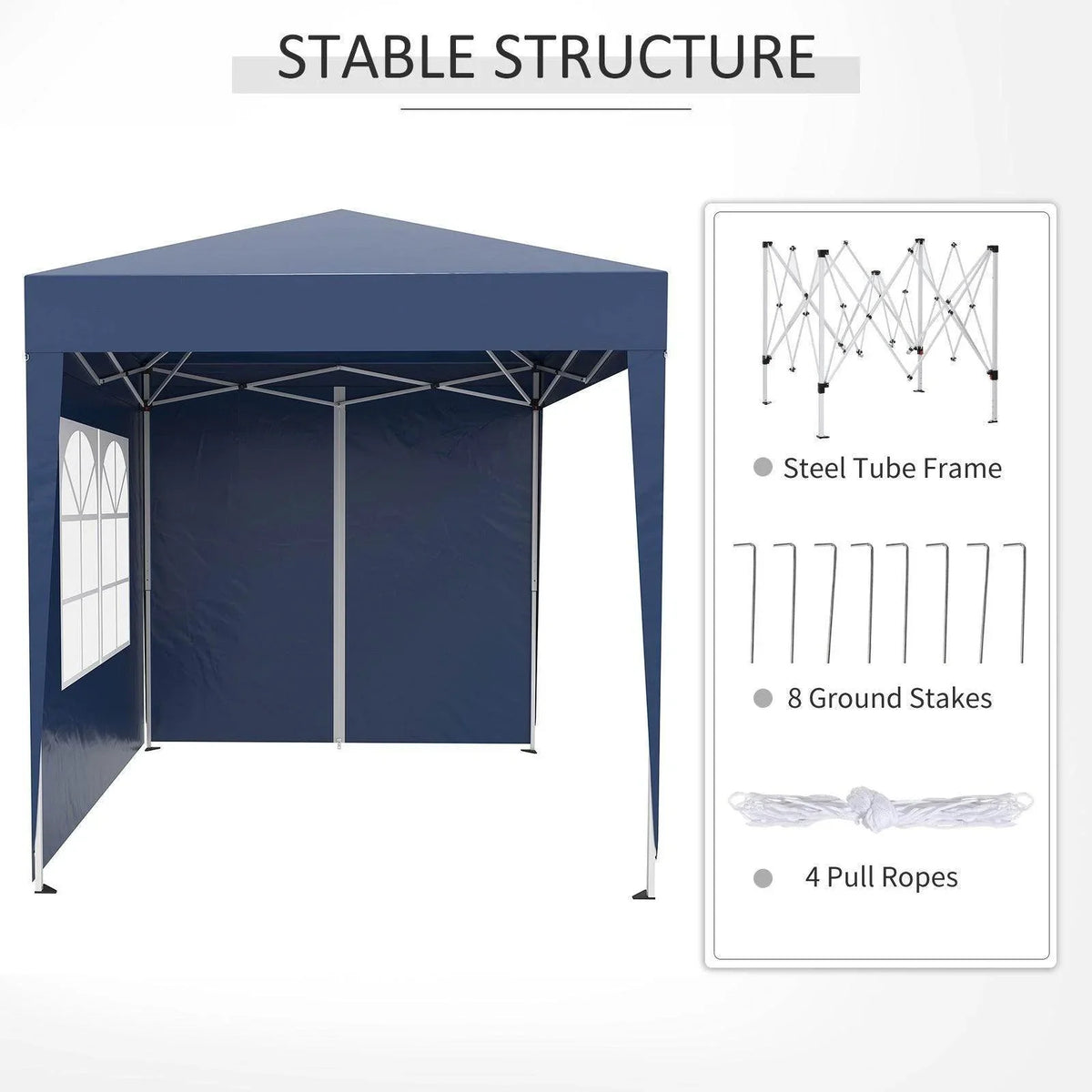 Navy blue pop-up canopy tent with steel frame, side walls, 8 stakes, and 4 pull ropes for stable outdoor use
