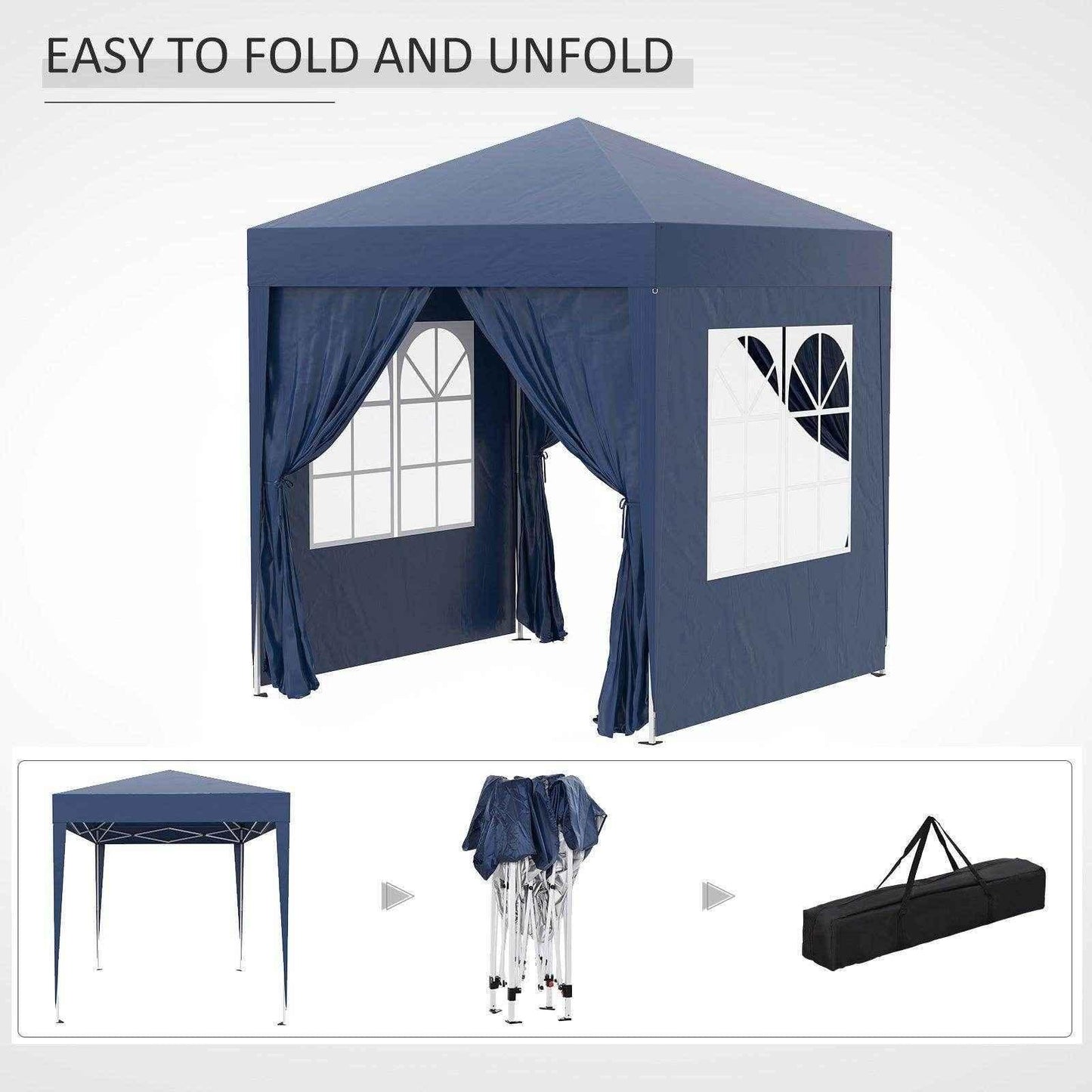 Blue 2x2m pop up gazebo with side panels, arched windows, and carry bag from ALL4U RETAILER LTD