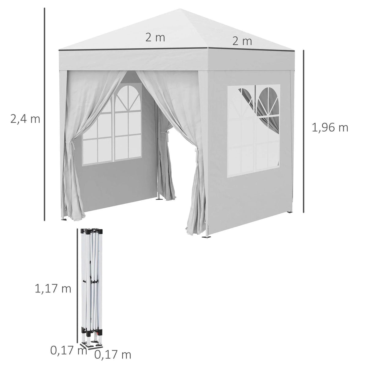 2x2m outdoor gazebo with side panels, window accents, and compact folded dimensions for garden or patio use