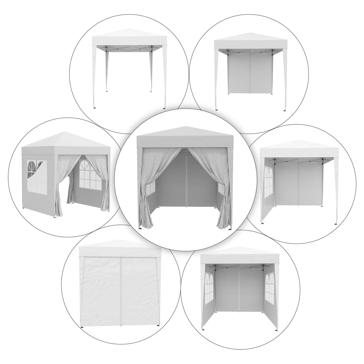 White pop-up gazebo with side walls and window panels for garden or event use