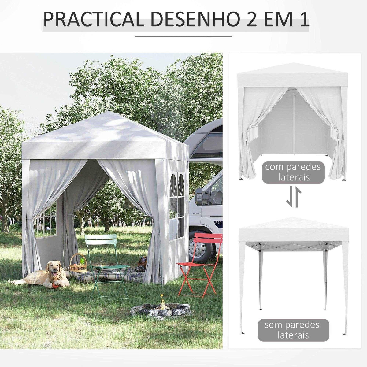 White 2-in-1 pop-up gazebo with side walls for garden, patio, or camping use, shown with chairs and dog outdoors