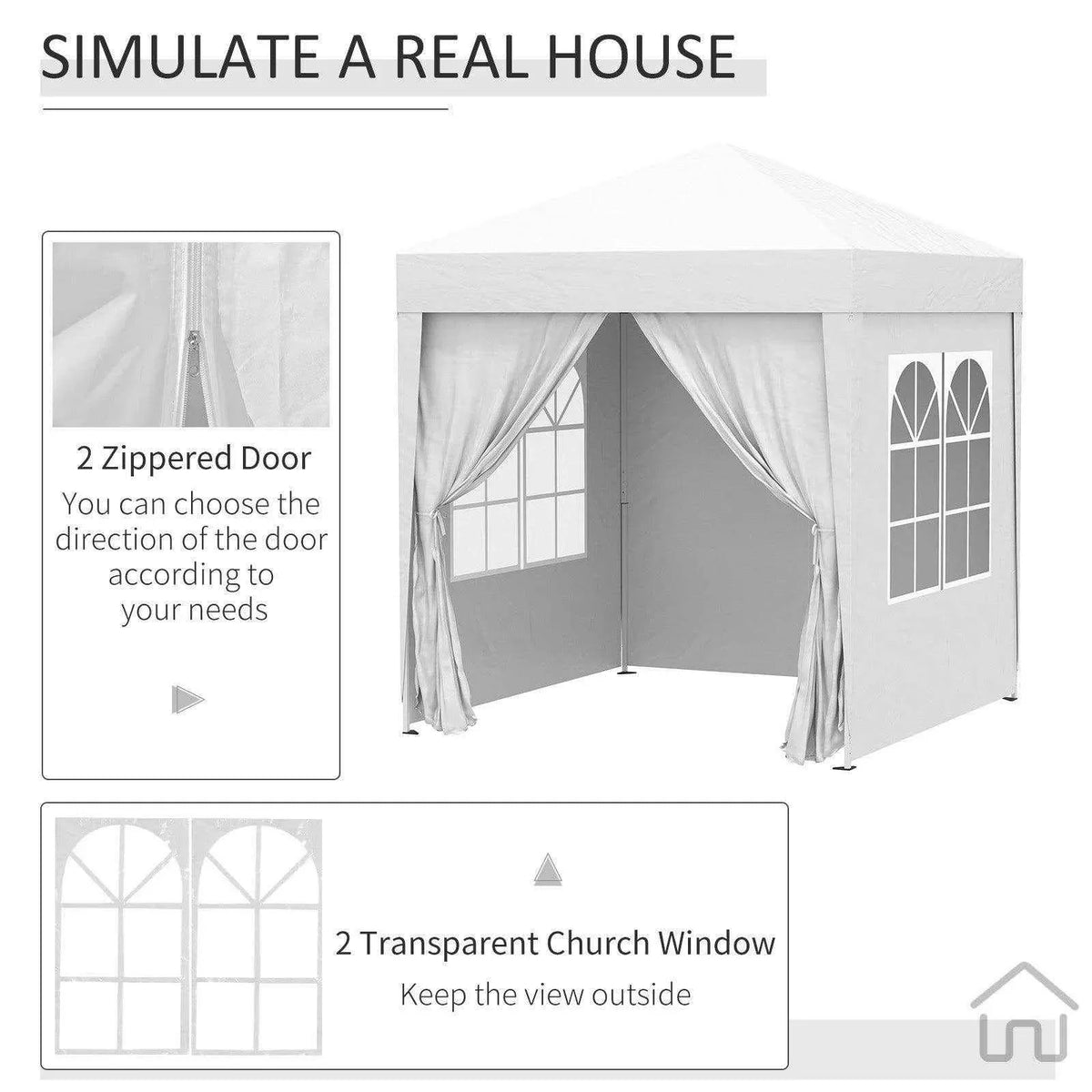 White pop-up gazebo with zippered doors and transparent church windows for outdoor use