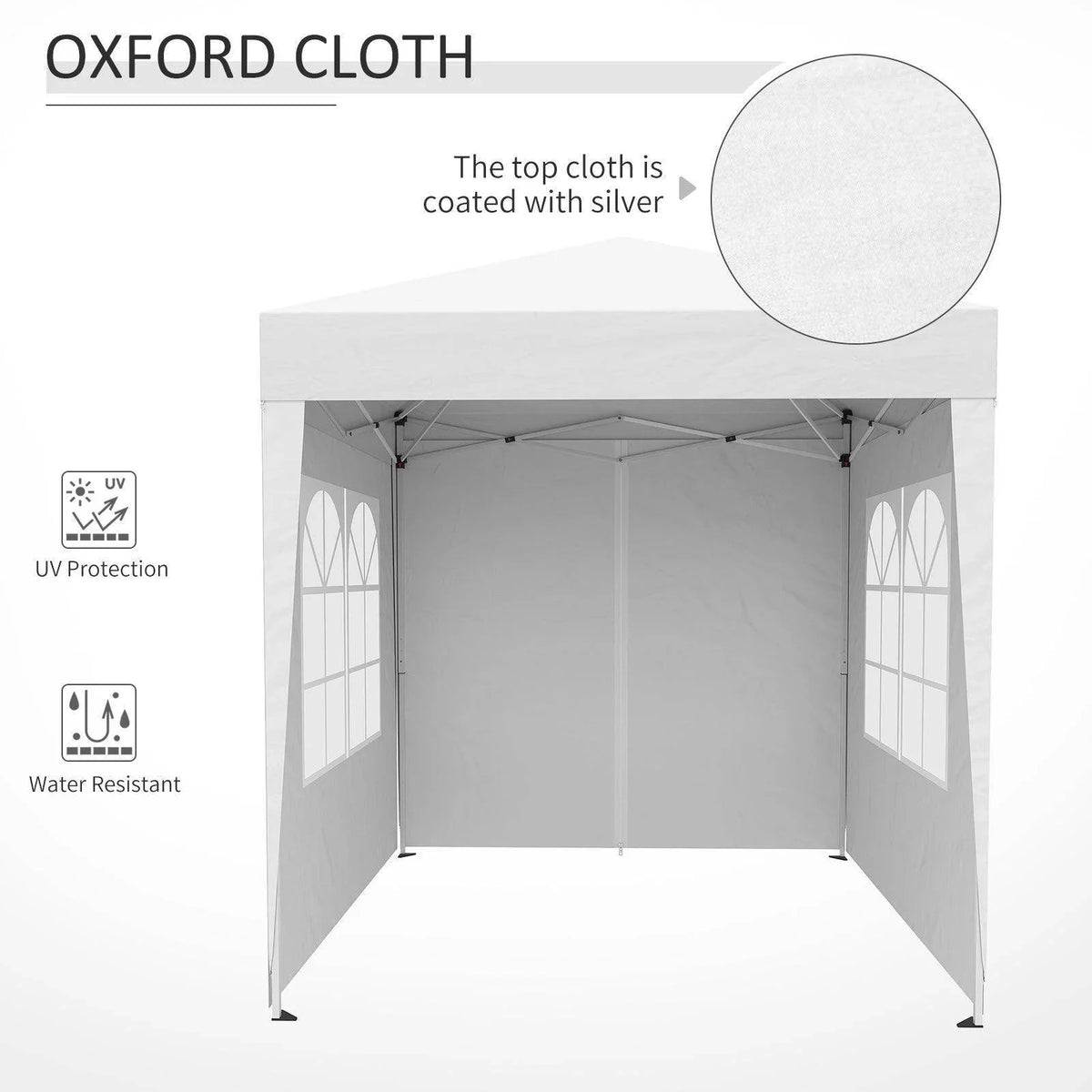 White pop-up gazebo with Oxford cloth canopy, UV protection, water-resistant, silver-coated roof for outdoor use