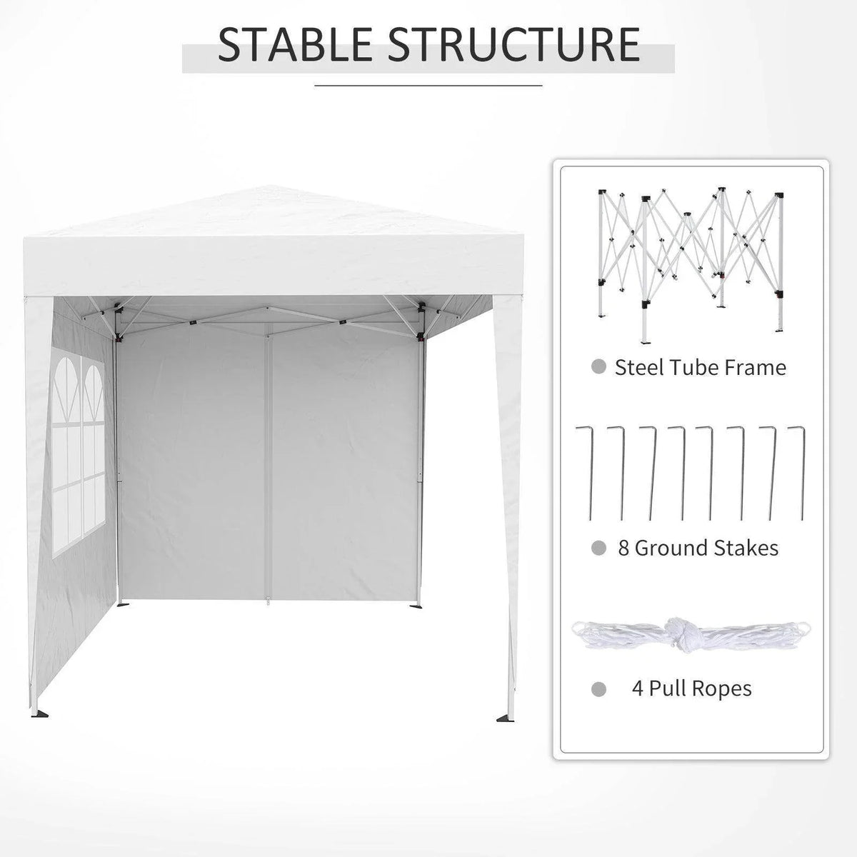 White pop-up canopy tent with steel frame, ground stakes, and pull ropes for stable outdoor use