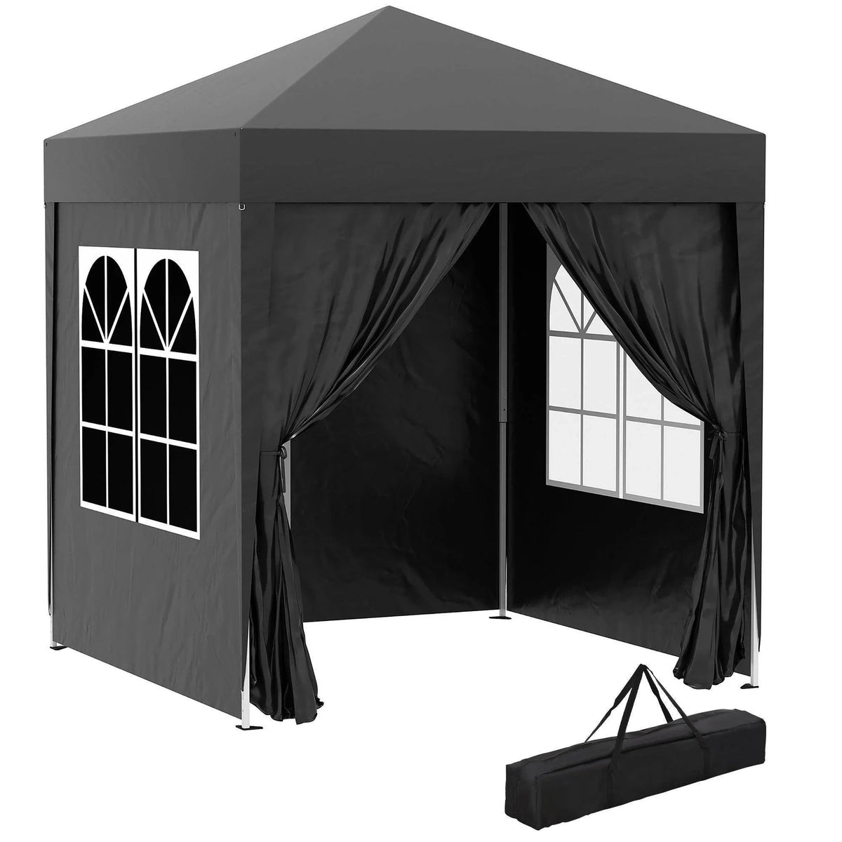 Black pop-up gazebo with side walls, window panels, and carry bag for outdoor garden use