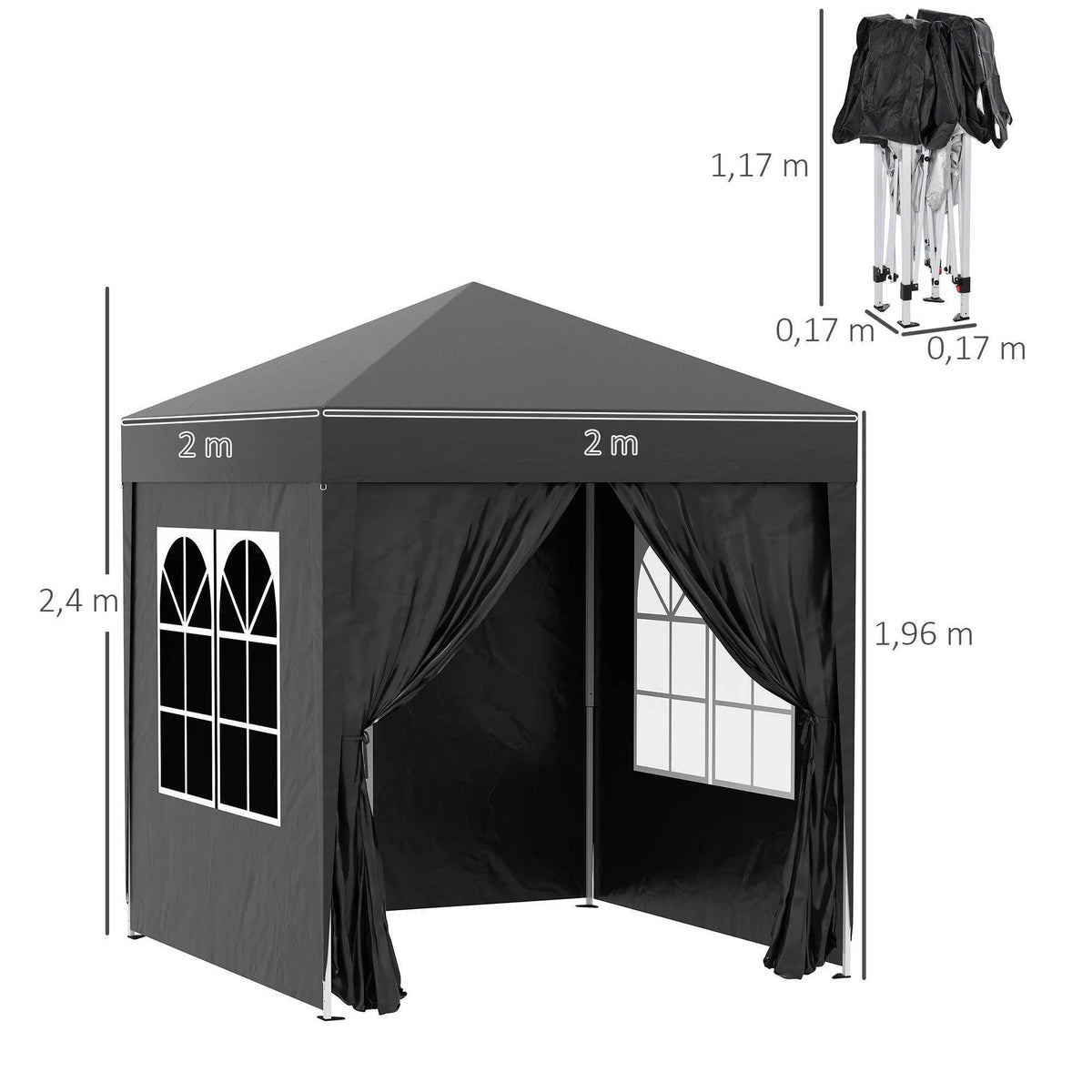 2m x 2m black pop-up gazebo with side panels, windows, and curtains for garden or patio use