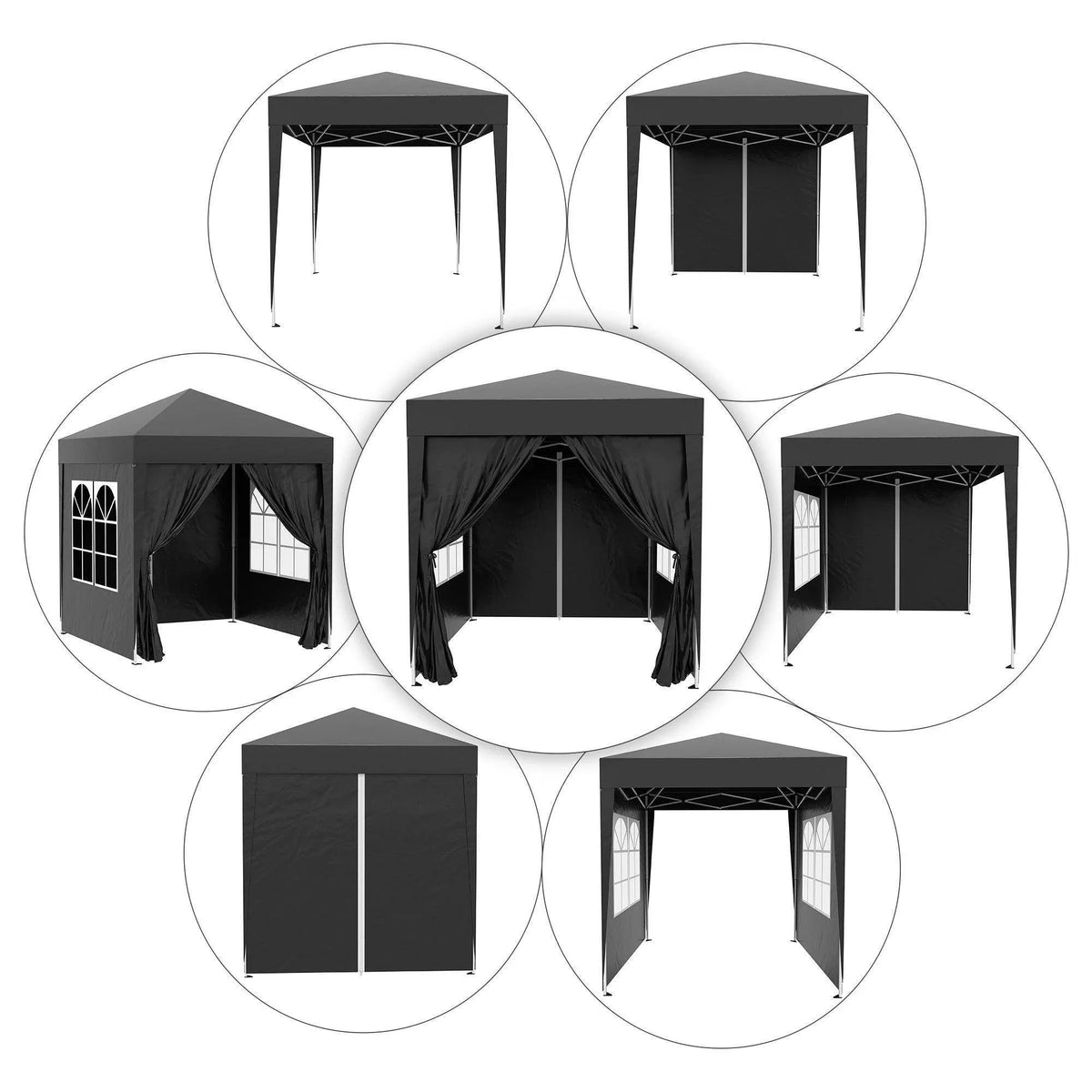 Black pop-up gazebo with side walls, windows, and curtains for garden or patio use