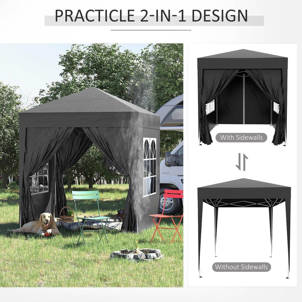 Black 2-in-1 pop-up gazebo with sidewalls for garden, patio, or camping, shown with chairs and dog outdoors
