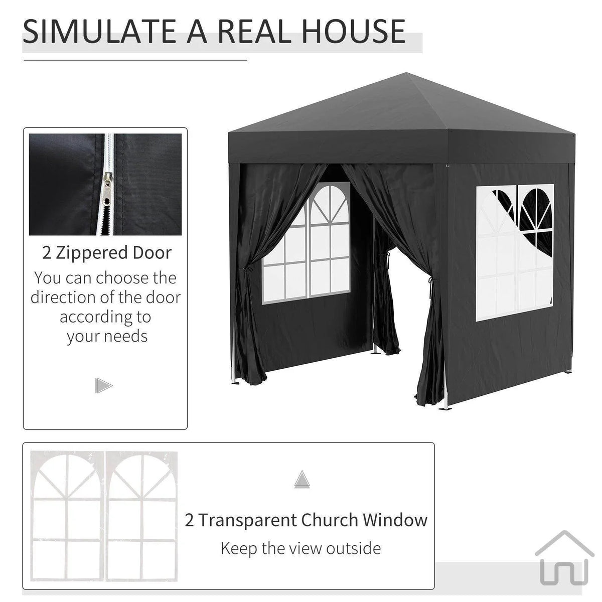 Black outdoor gazebo with zippered doors and transparent church-style windows for garden or patio use