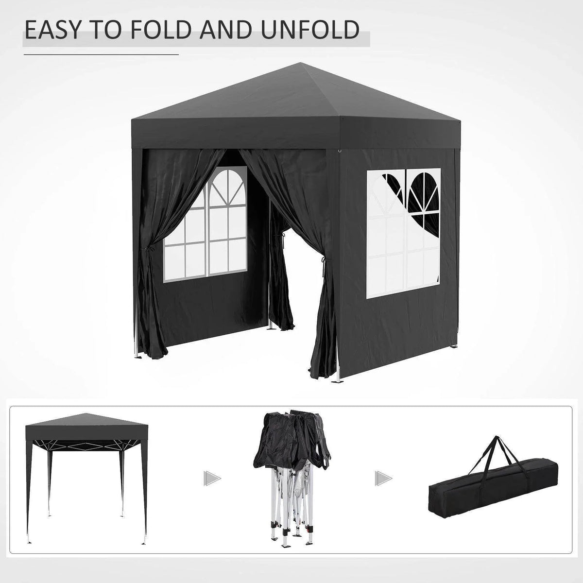 Black pop-up gazebo with side curtains and window panels, easy fold/unfold, portable carry bag included