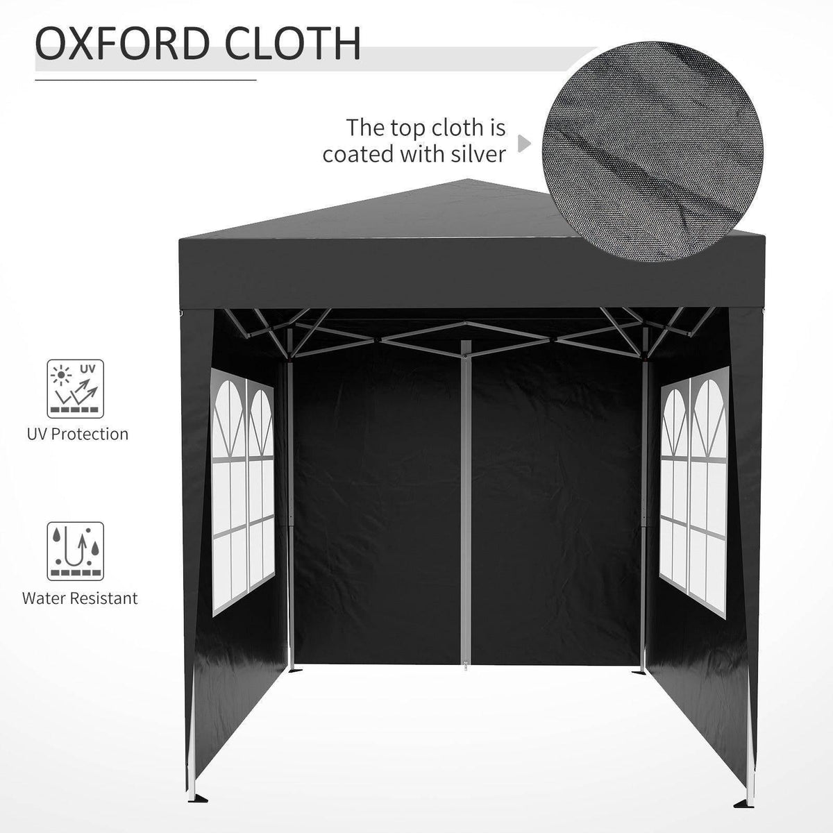 Black pop-up gazebo with Oxford cloth, UV protection, water-resistant, silver-coated roof, and window panels