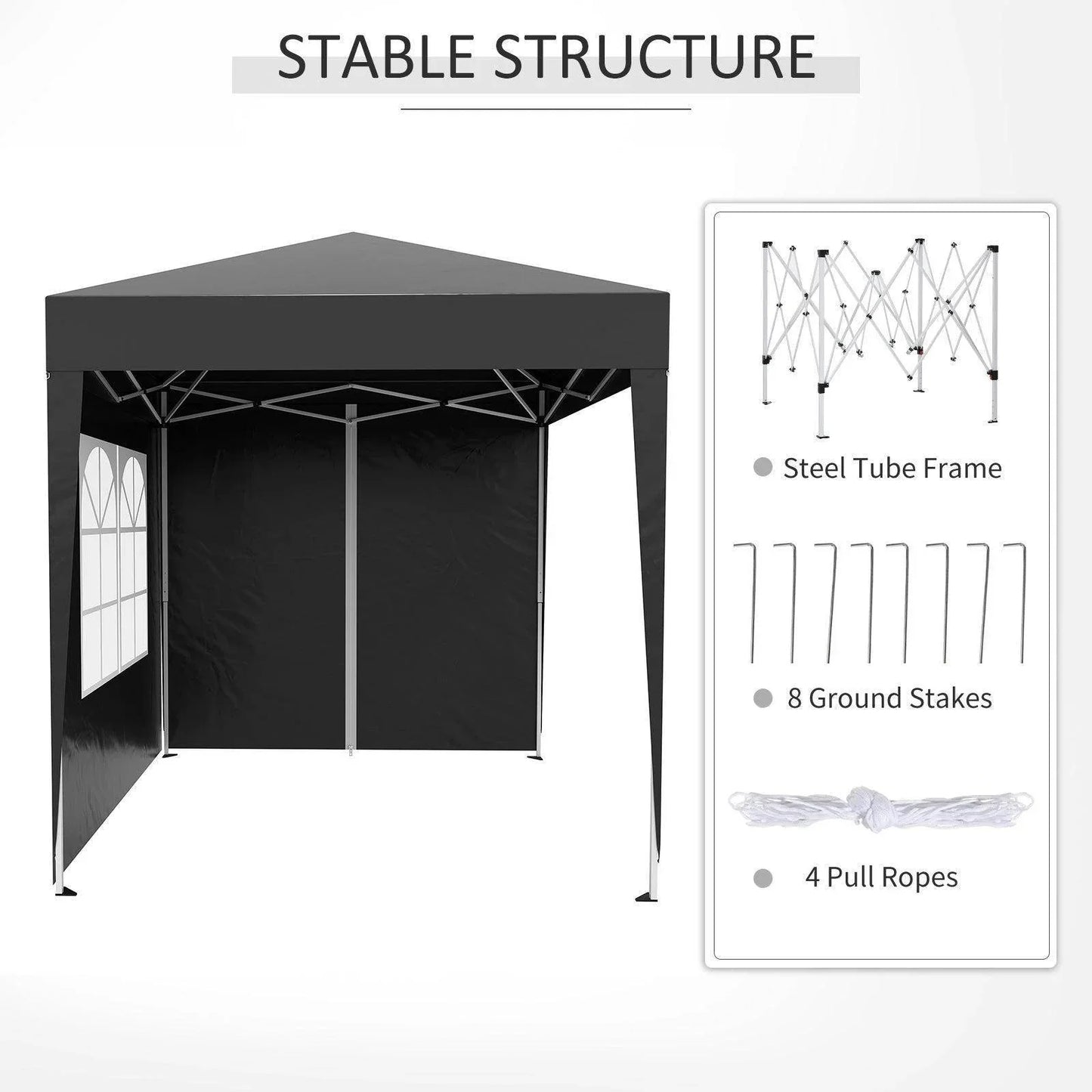 Black 2x2m pop up gazebo with steel tube frame, side window, ground stakes, and pull ropes included, offered by ALL4U RETAILER LTD for home and garden use.
