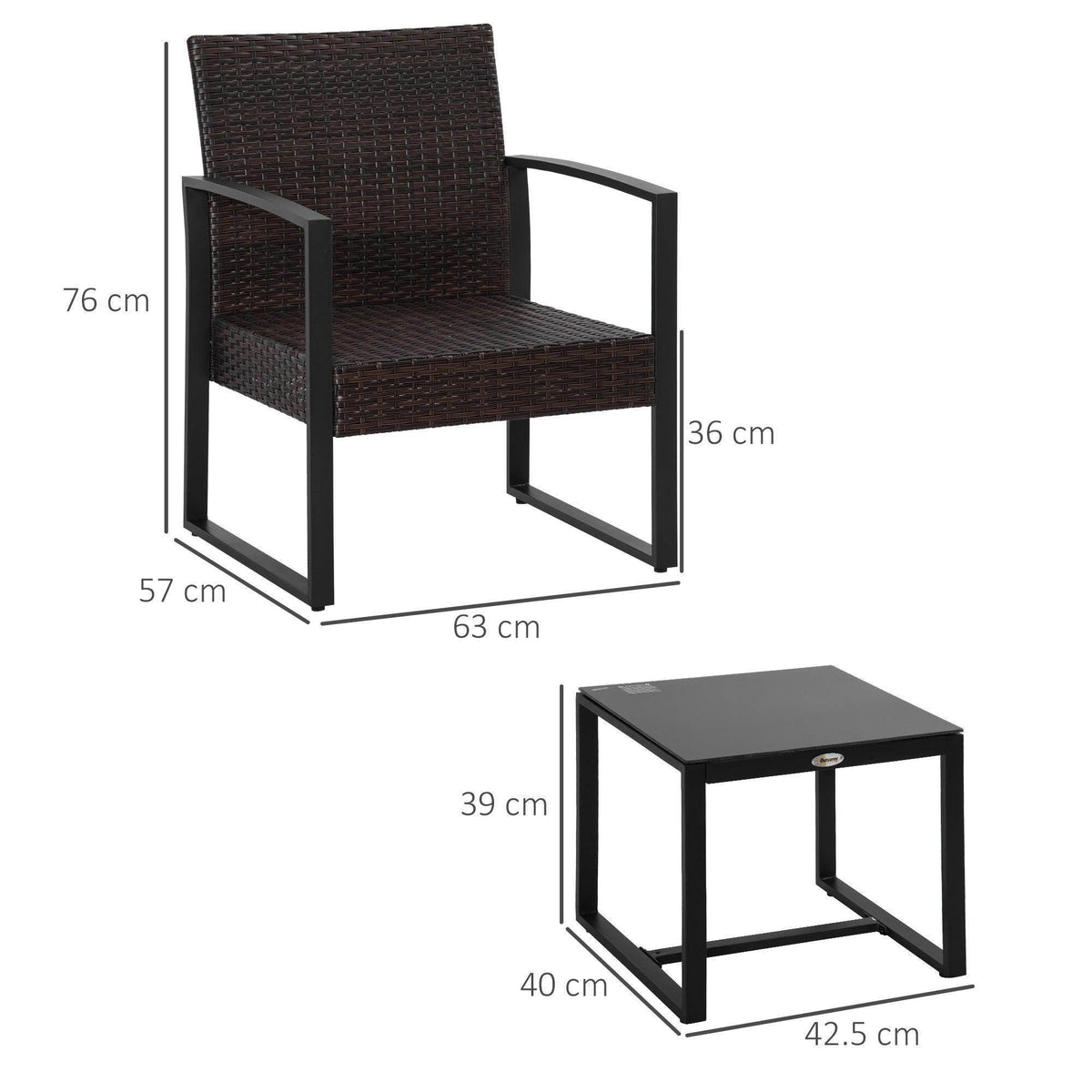 Dark brown wicker armchair with beige cushions, with a square coffee table below.