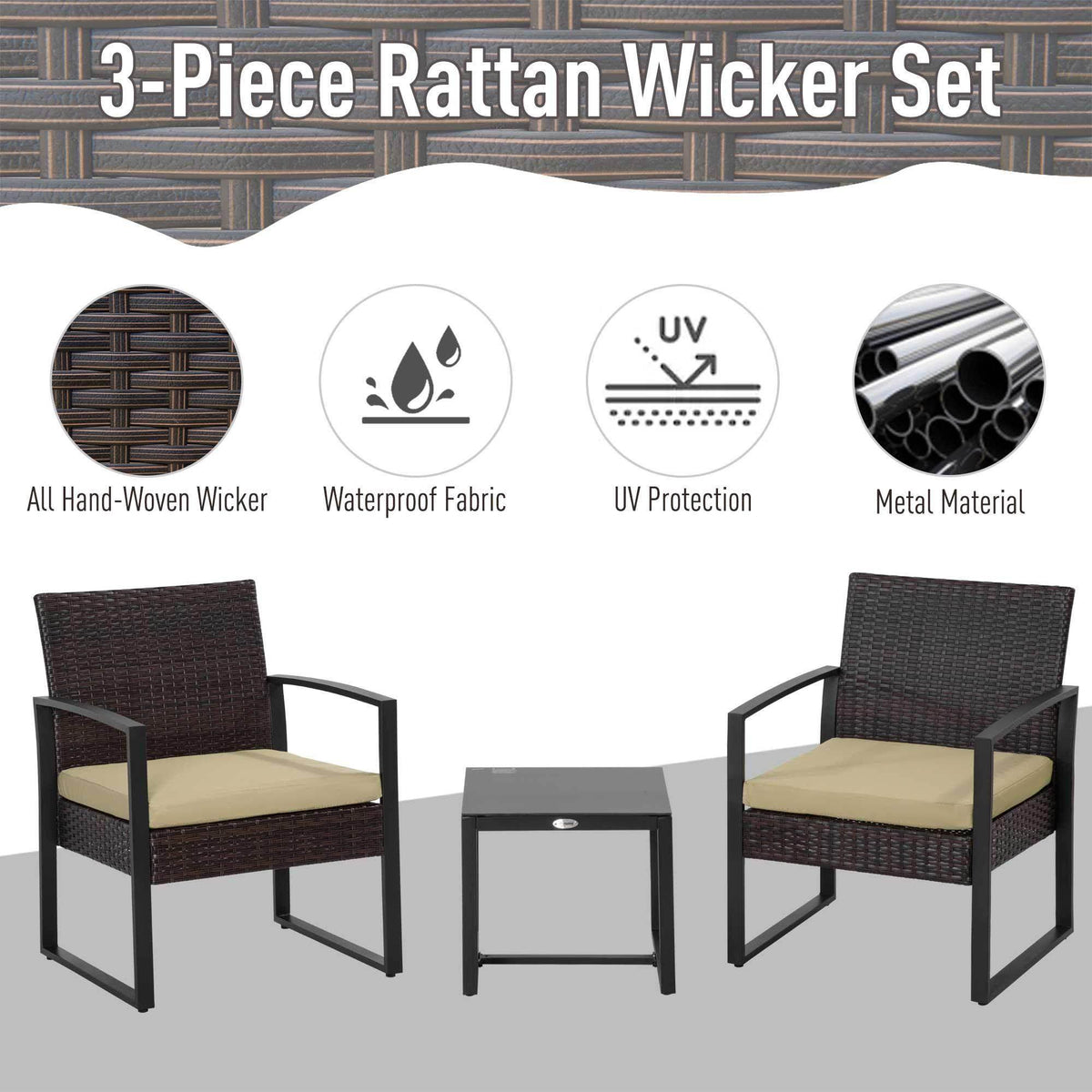 3-piece rattan wicker bistro set with two dark chairs and a beige-cushioned table.