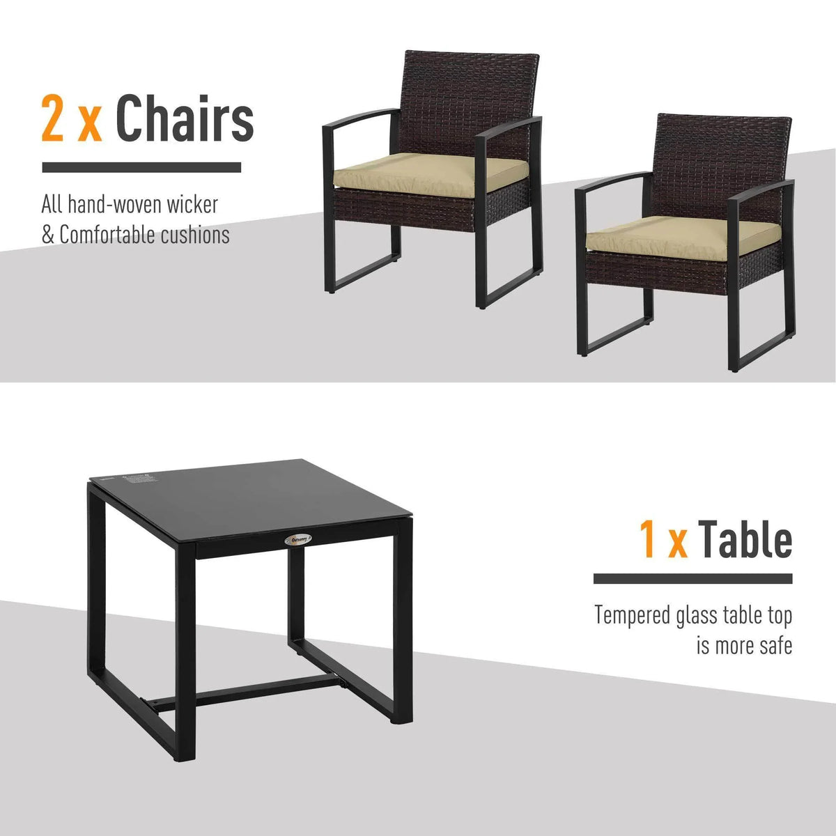 Two dark wicker patio chairs with beige cushions and a glass-top side table.