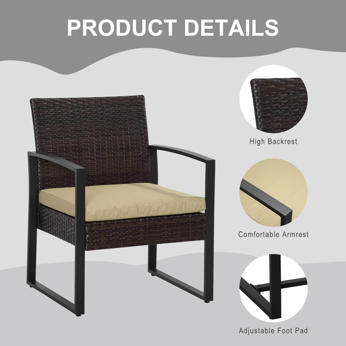 Dark wicker patio chair with high back and beige cushion; armrests and foot pad.