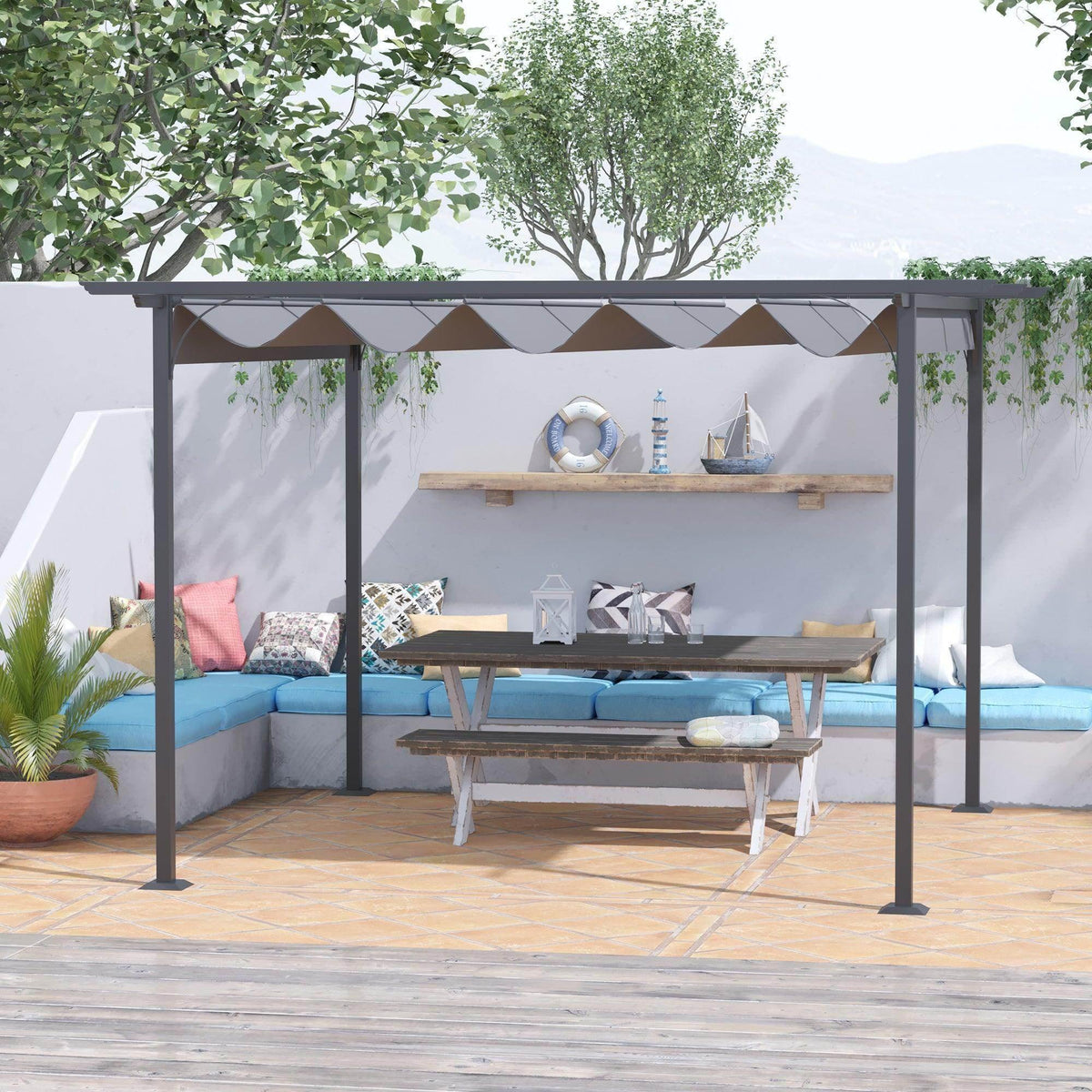 3.5 m metal pergola gazebo with dark gray posts and retractable fabric canopy