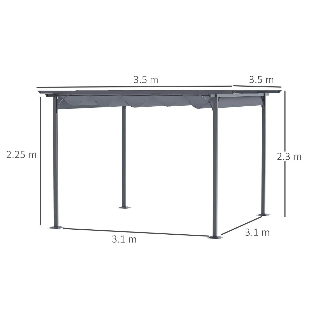 Retractable pergola gazebo with dark frame, 3.5 m x 3.1 m open footprint
