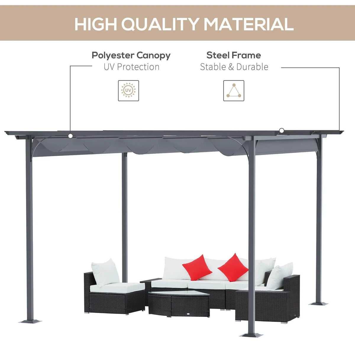 Metal pergola gazebo with steel frame and dark gray polyester canopy overhead