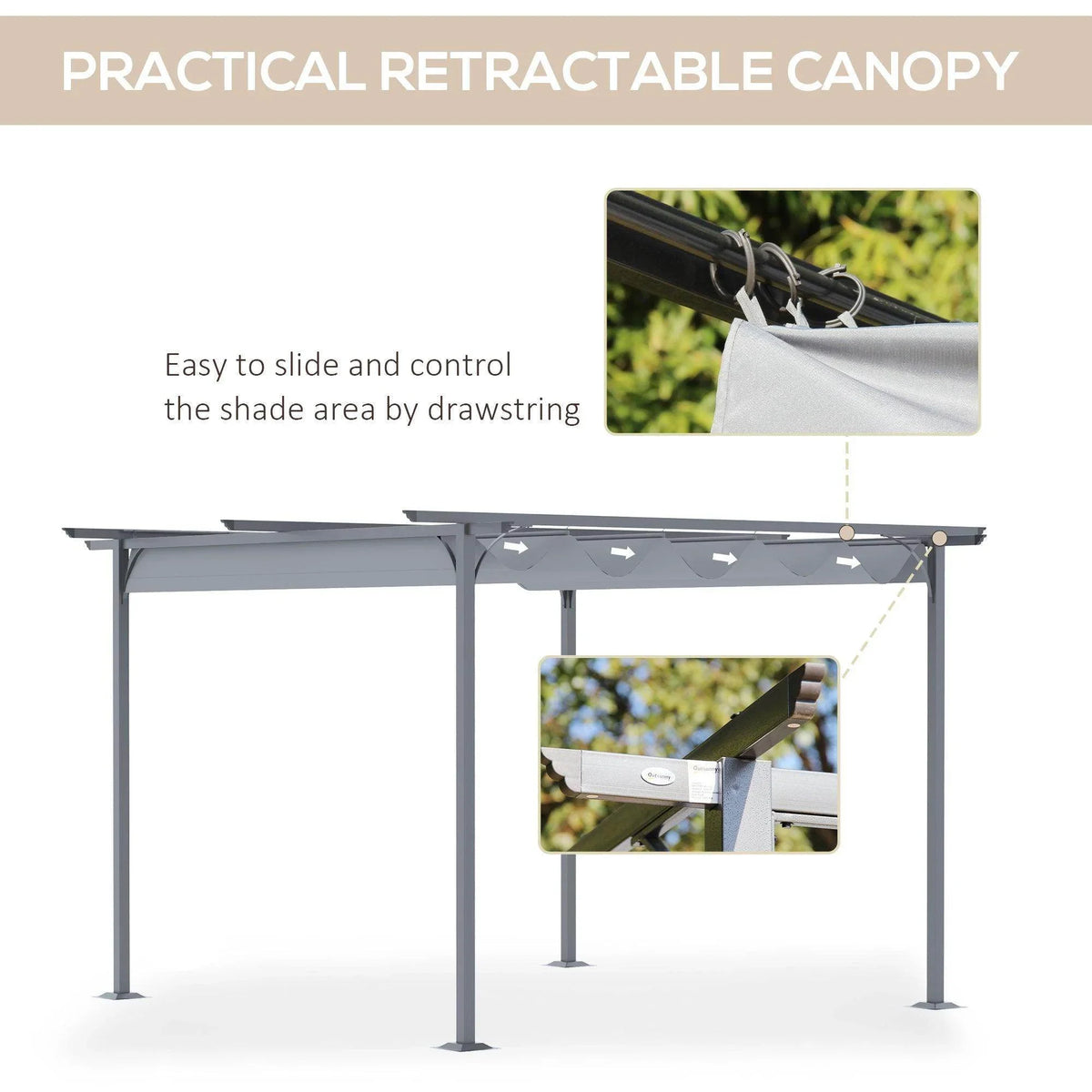 Retractable canopy pergola gazebo with dark frame and drawstring shade control