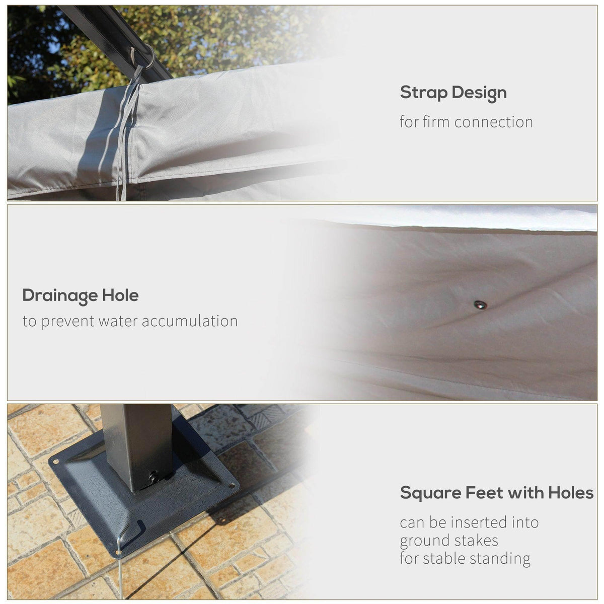 Gray retractable canopy fabric with strap connection and drainage hole detail