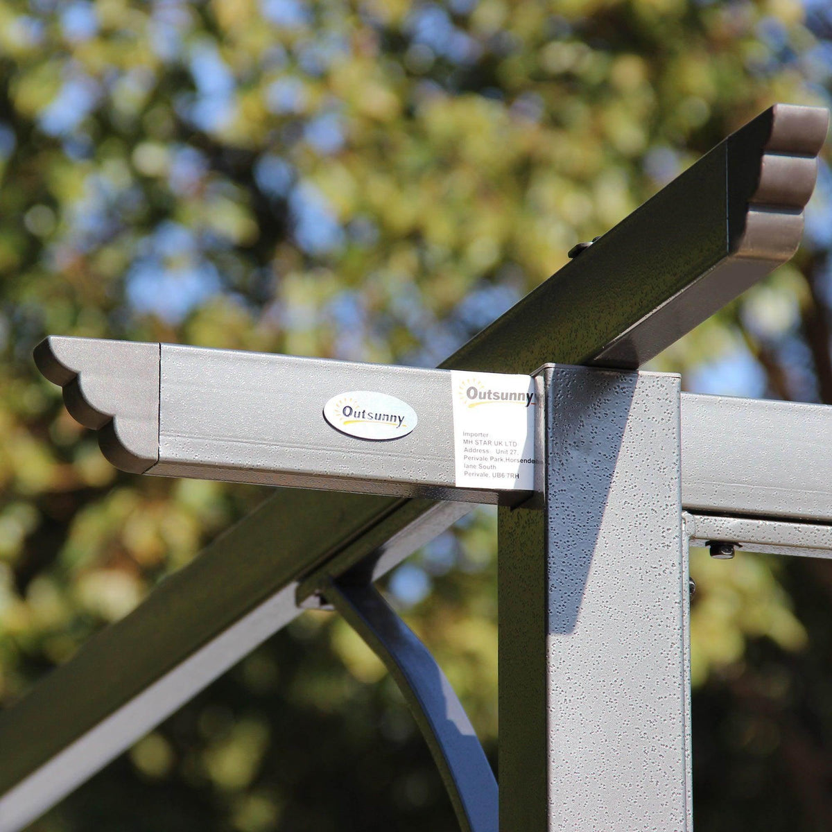 Outsunny retractable canopy roller bar with strap attachment on dark metal frame