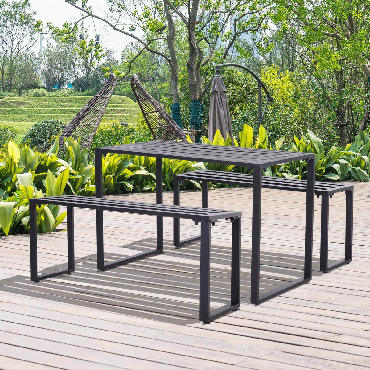 Outdoor metal beer table set with slatted tabletop and two benches, dark finish