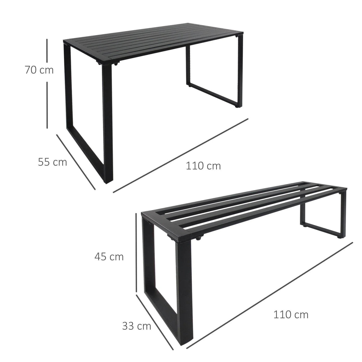 Outdoor metal beer table and bench set with measured dimensions, dark black finish