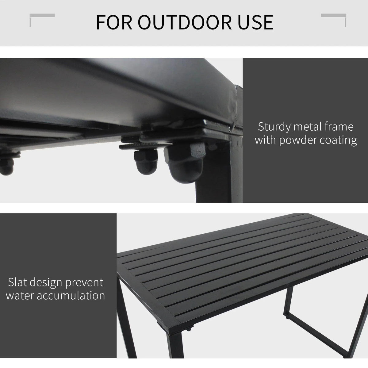 Outdoor metal beer table with slatted tabletop and frame, dark finish close-up