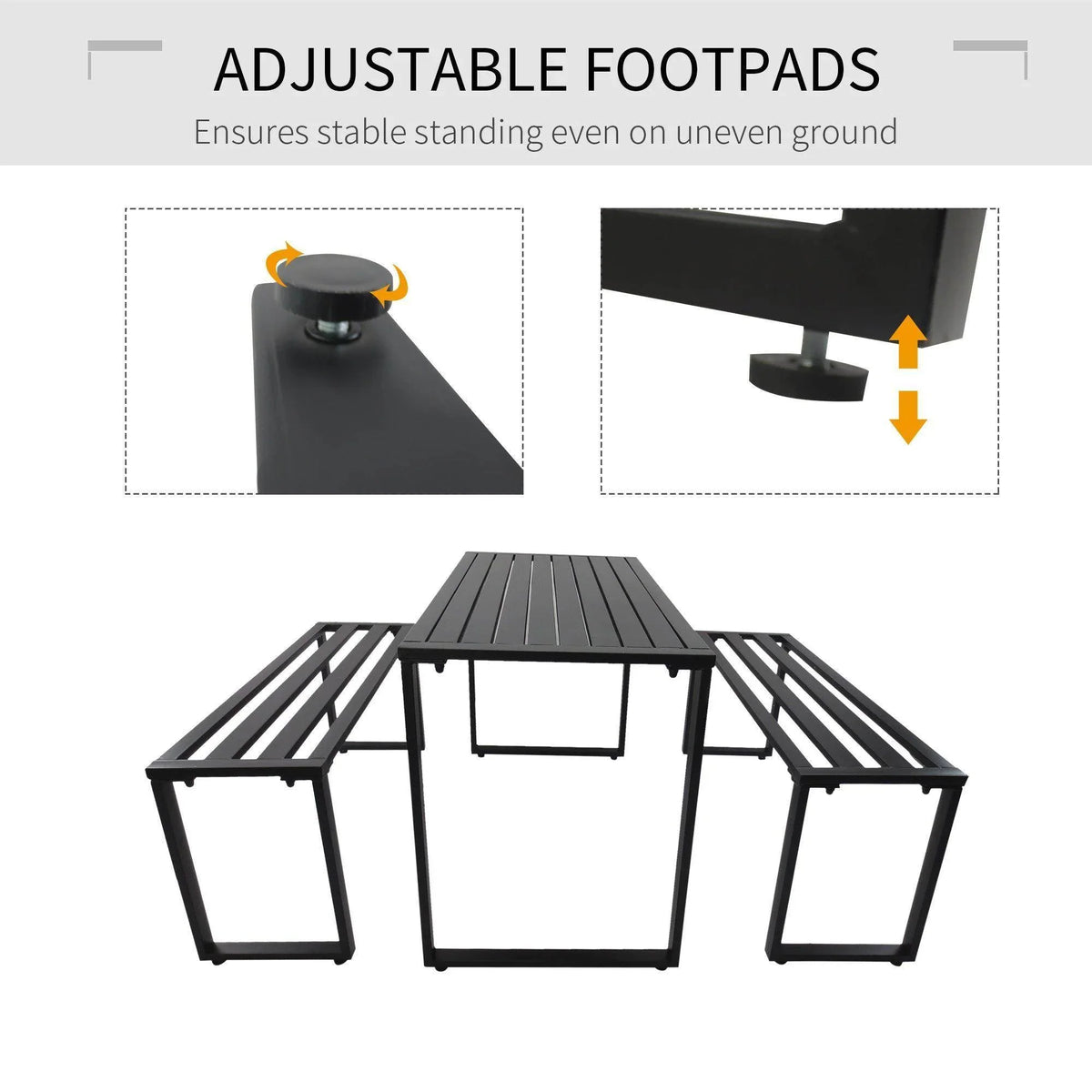 3-piece outdoor metal dining set with adjustable footpads, dark slatted tops