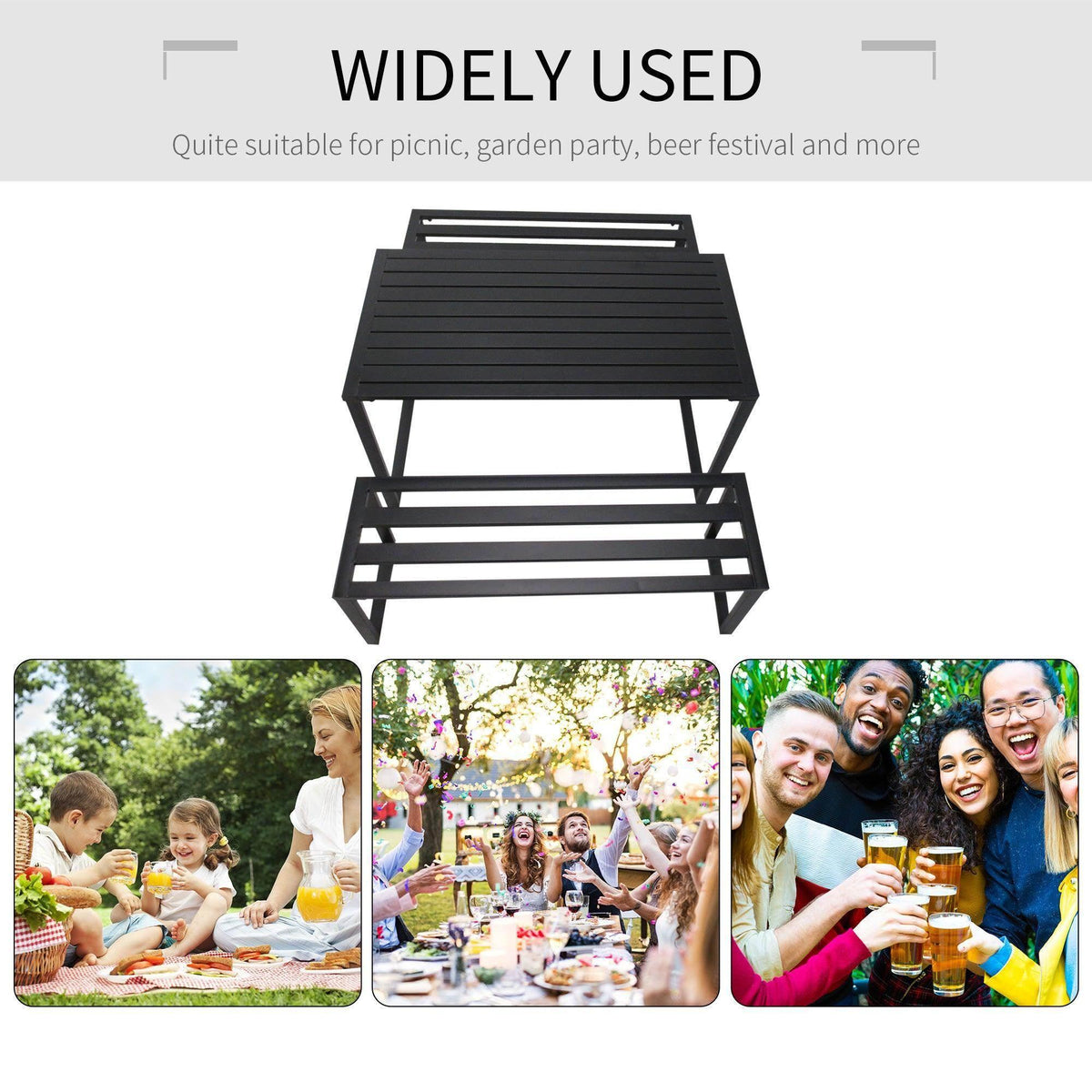 Outdoor metal beer table with slatted top and open frame, dark finish front view