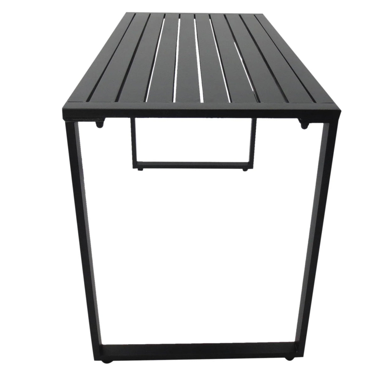 Square outdoor metal beer table with slatted top and side supports, dark finish