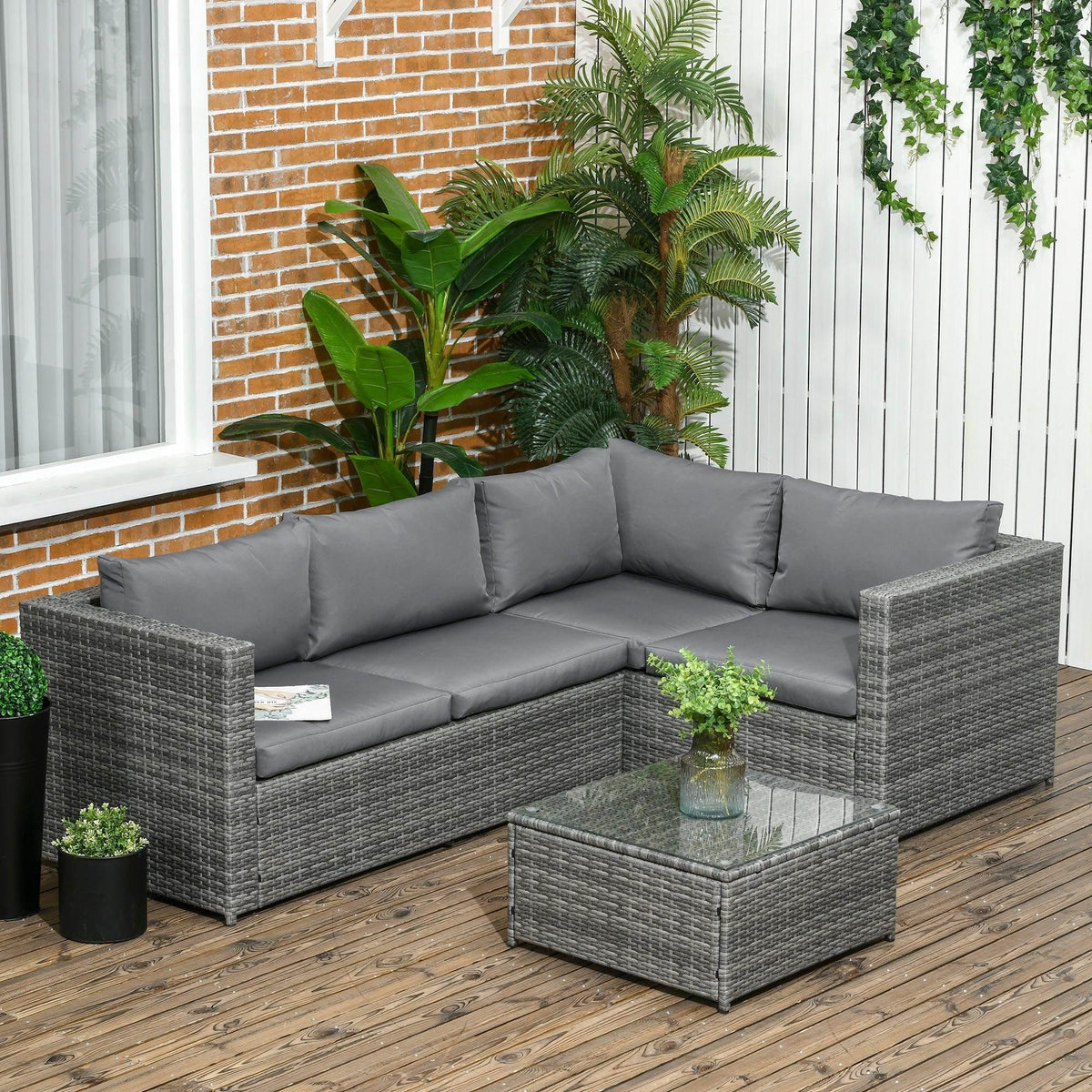 Grey 4-seat corner rattan sofa set with thick cushions and coffee table
