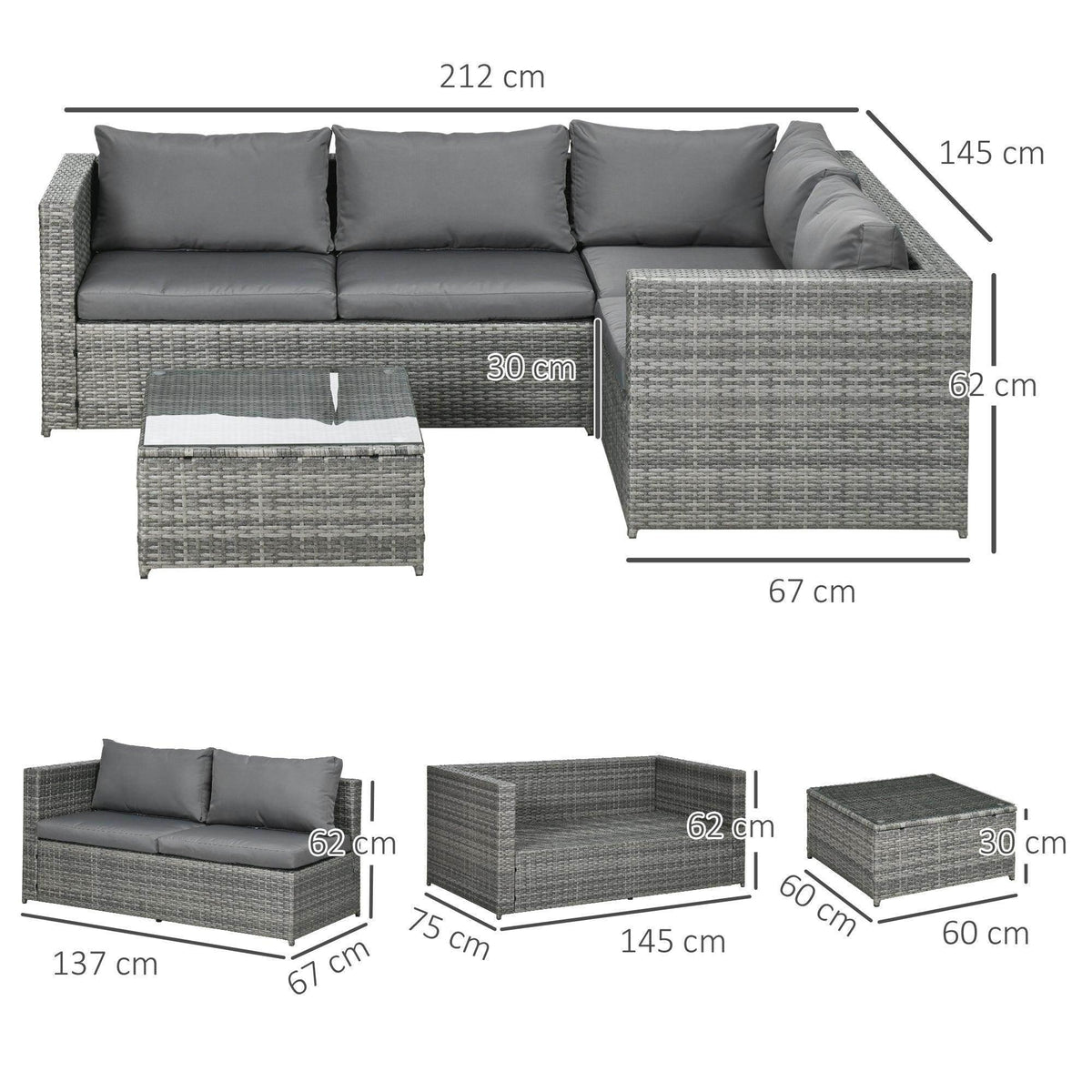 Grey 4-seat corner rattan sofa set with thick cushions and coffee table