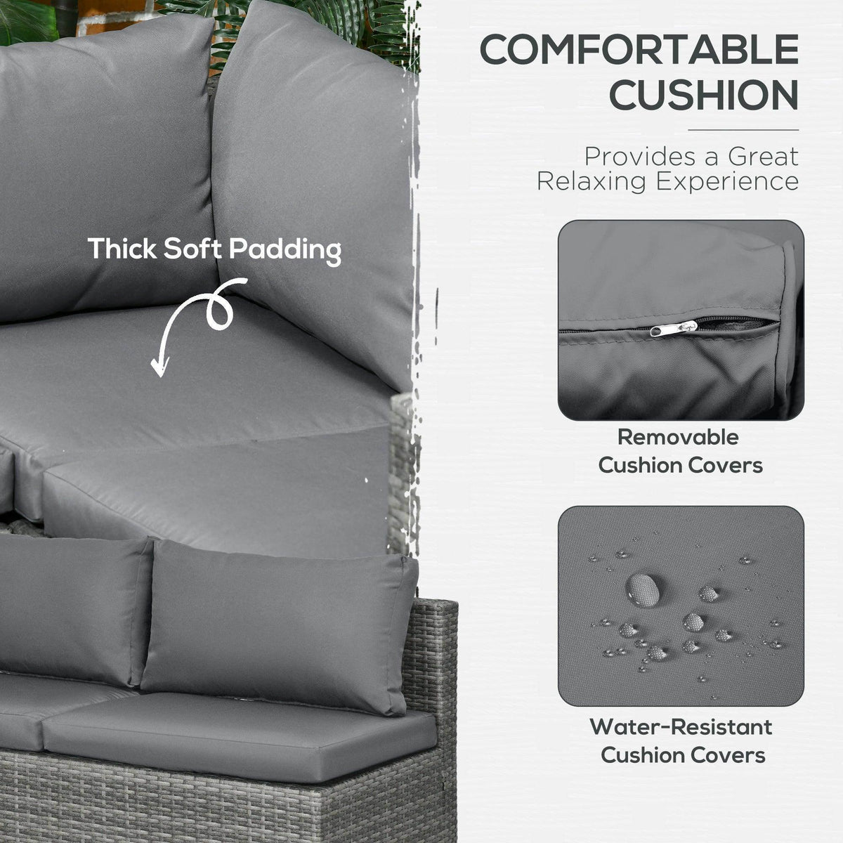 Grey thick sofa cushion with visible seams and zipper closure