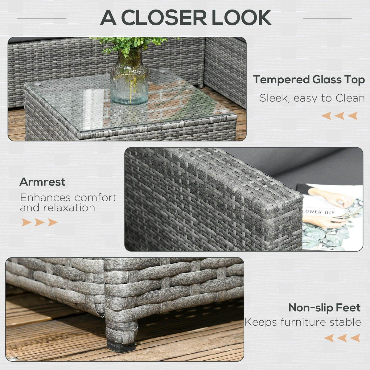Grey rattan corner sofa with tempered glass top coffee table