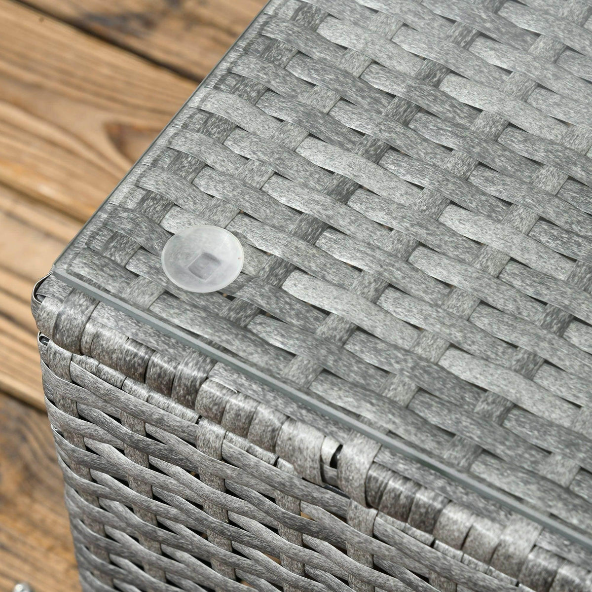 Close-up of grey rattan weave corner detail