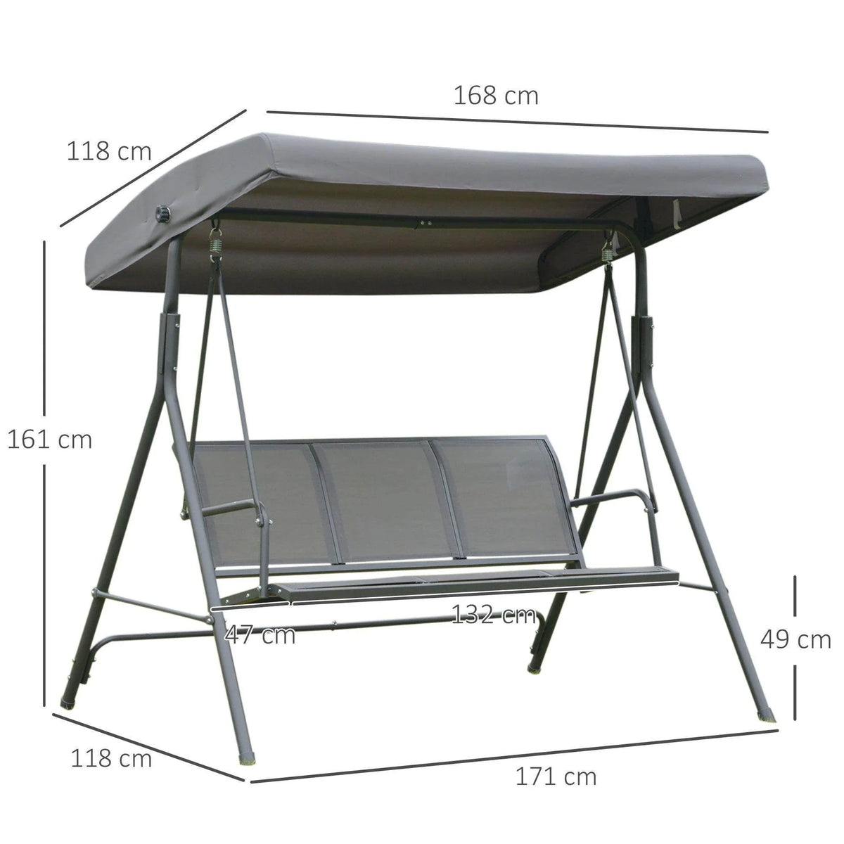 3-seater outdoor swing bench with canopy, metal frame, and dimensions for garden or patio use